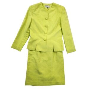 Anna Carole Lime Green Silk Linen 2 Piece Skirt Suit Set Vintage Career Size 6